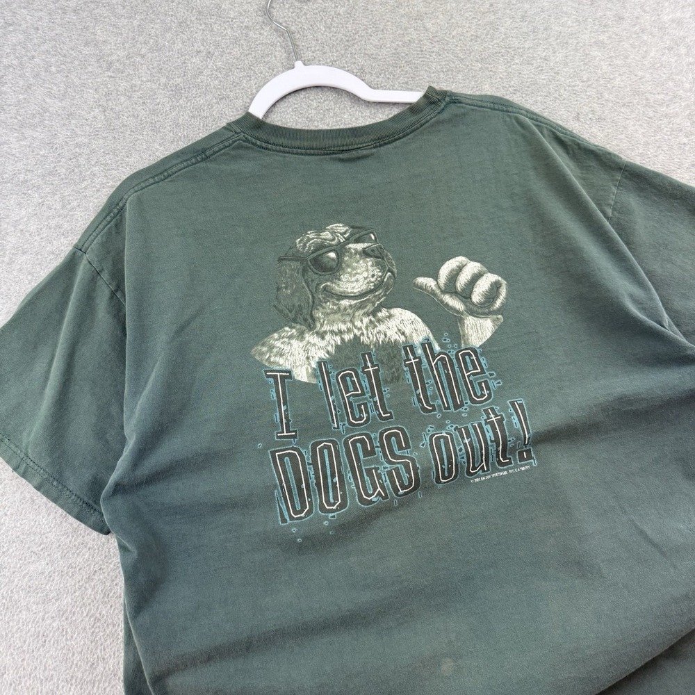 Vintage Big Dogs "I Let The Dogs‎ Out" T Shirt Size L Faded Biker Green 2001 y2k